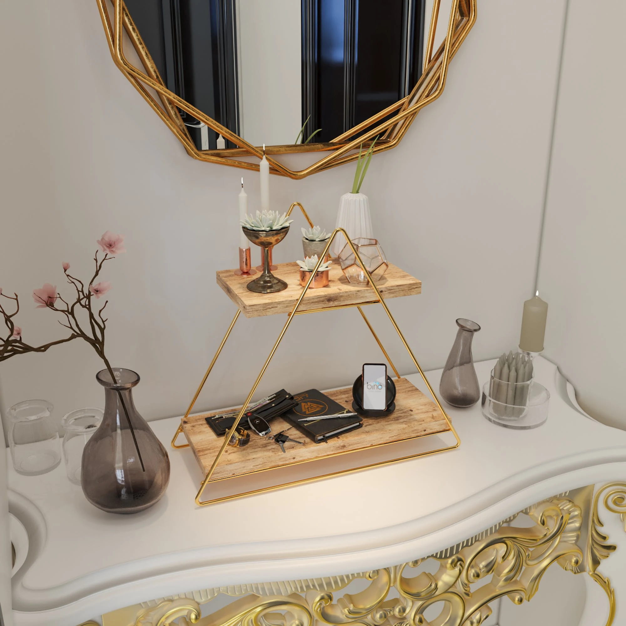 Null Arbeitsplatte Regal Aus Holz Und Metall Gold Mit 2 Ablagen, Badregal, Holzregal, Regalbrett Organizer Und Aufbewahrung Für Badezimmer Wohnzimmer Küche 5 Null Arbeitsplatte Regal Aus Holz Und Metall Gold Mit 2 Ablagen, Badregal, Holzregal, Regalbrett Organizer Und Aufbewahrung Für Badezimmer Wohnzimmer Küche – Bild 3